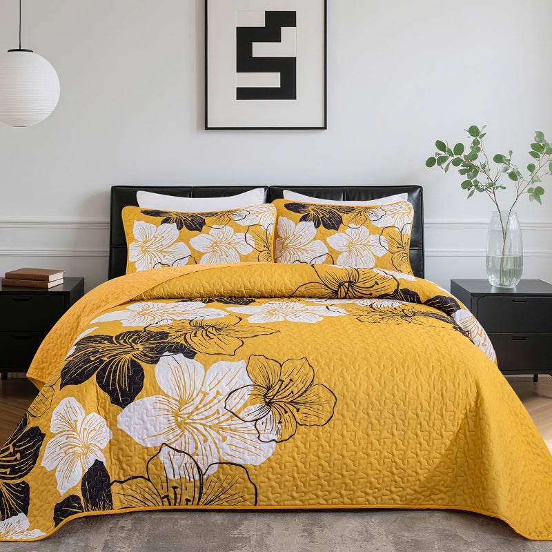 DJY Yellow Quilt Set King 3 Pieces Floral Bedding Quilt Set Soft Botanical Bedspread with 2 Pillow Shams Lightweight Flower Quilt Coverlet Set for All Season 104''x 90'' - Image 1