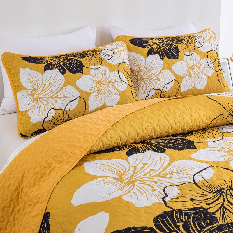 DJY Yellow Quilt Set King 3 Pieces Floral Bedding Quilt Set Soft Botanical Bedspread with 2 Pillow Shams Lightweight Flower Quilt Coverlet Set for All Season 104''x 90'' - Image 5