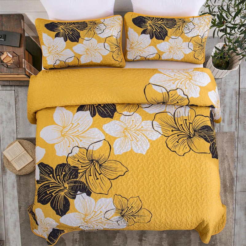 DJY Yellow Quilt Set King 3 Pieces Floral Bedding Quilt Set Soft Botanical Bedspread with 2 Pillow Shams Lightweight Flower Quilt Coverlet Set for All Season 104''x 90'' - Image 3