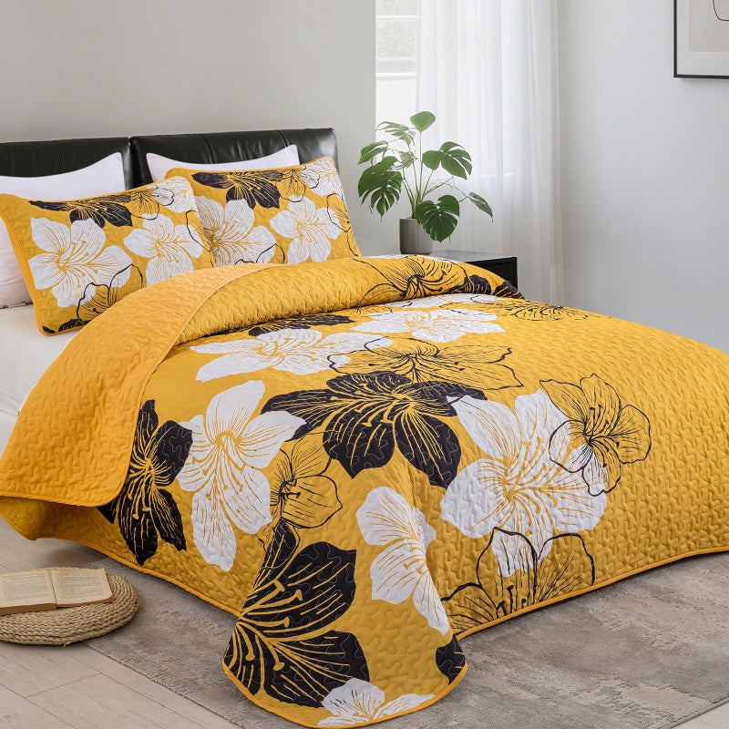 DJY Yellow Quilt Set King 3 Pieces Floral Bedding Quilt Set Soft Botanical Bedspread with 2 Pillow Shams Lightweight Flower Quilt Coverlet Set for All Season 104''x 90'' - Image 2