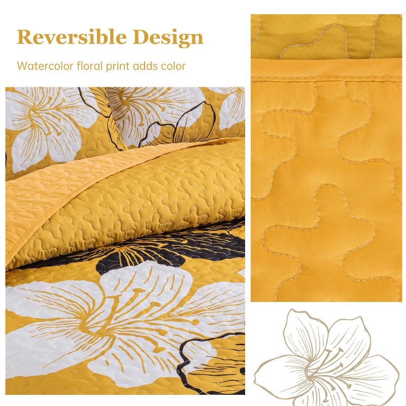 DJY Yellow Quilt Set King 3 Pieces Floral Bedding Quilt Set Soft Botanical Bedspread with 2 Pillow Shams Lightweight Flower Quilt Coverlet Set for All Season 104''x 90'' - Image 4