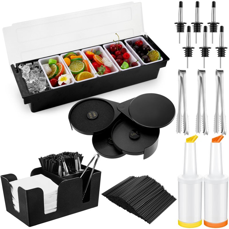 Mifoci Garnish Tray with Lid Bar Caddy 3 Tier Glass Rimmer 12 Stainless Steel Bottle Pourers 2 Plastic Juice Pour Bottles 1000 Count Cocktail Straws 3 Serving Tongs6 CompartmentsPlastic