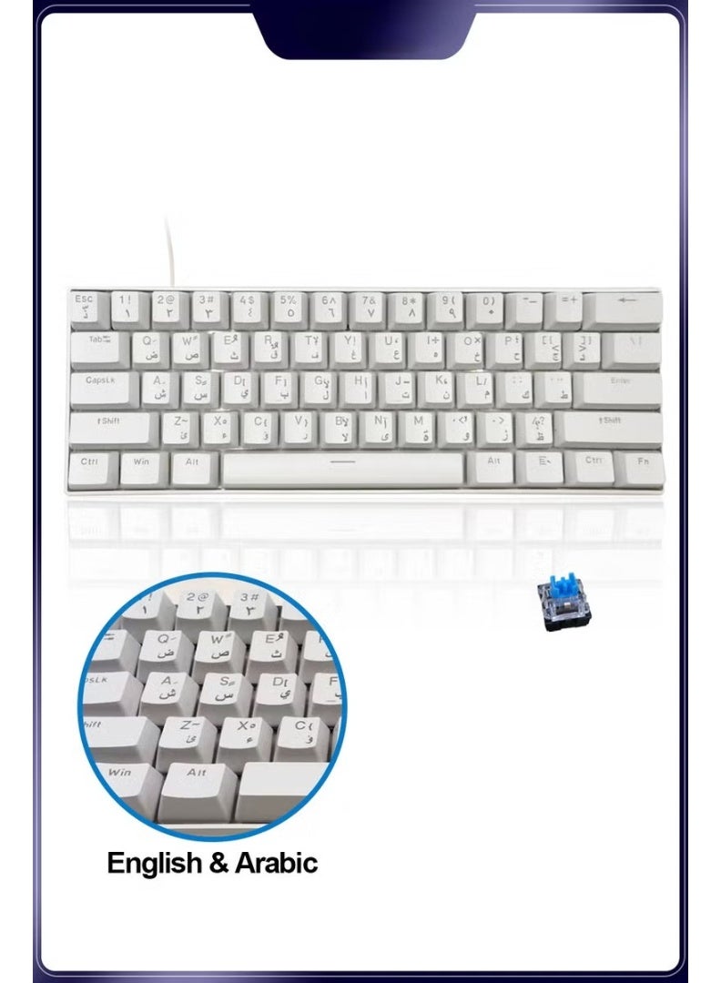 61 Keys Arabic-English Mechanical Gaming Keyboard, Hot-Swappable Blue Switches, 1000Hz Polling Rate & <1ms Response, RGB Backlit, Ergonomic for Windows/Mac (White)