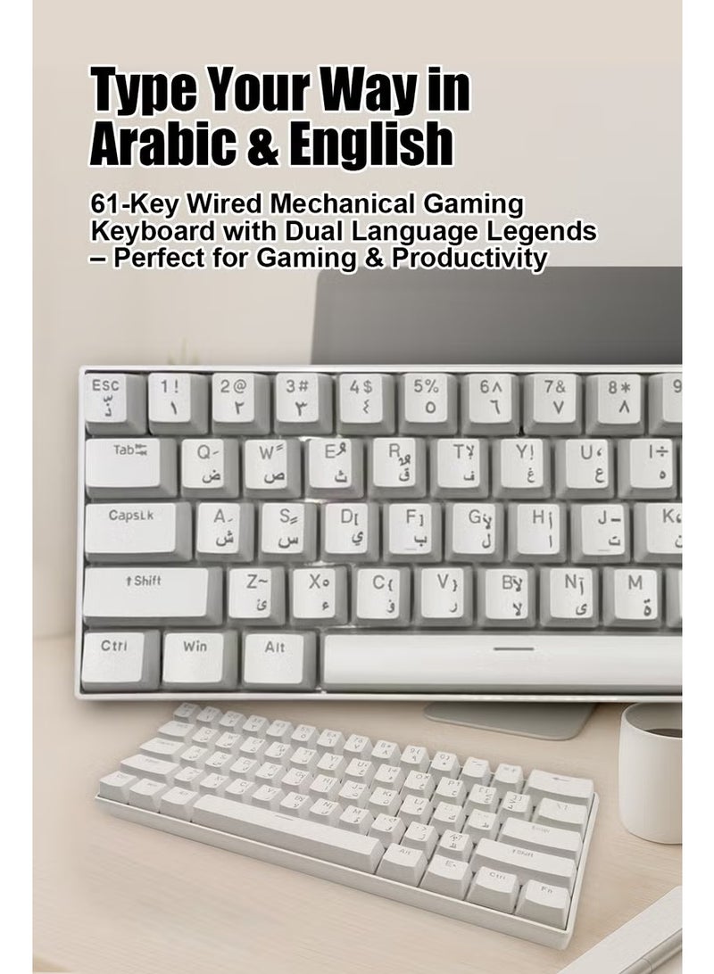 م.ا & ف'س لوحة مفاتيح ميكانيكية للألعاب، 61 مفتاحًا باللغتين العربية والإنجليزية، مفاتيح زرقاء قابلة للتبديل السريع، معدل استطلاع 1000 هرتز واستجابة أقل من 1 مللي ثانية، إضاءة خلفية RGB، مريحة لنظامي التشغيل Windows وMac (أبيض) - Image 2