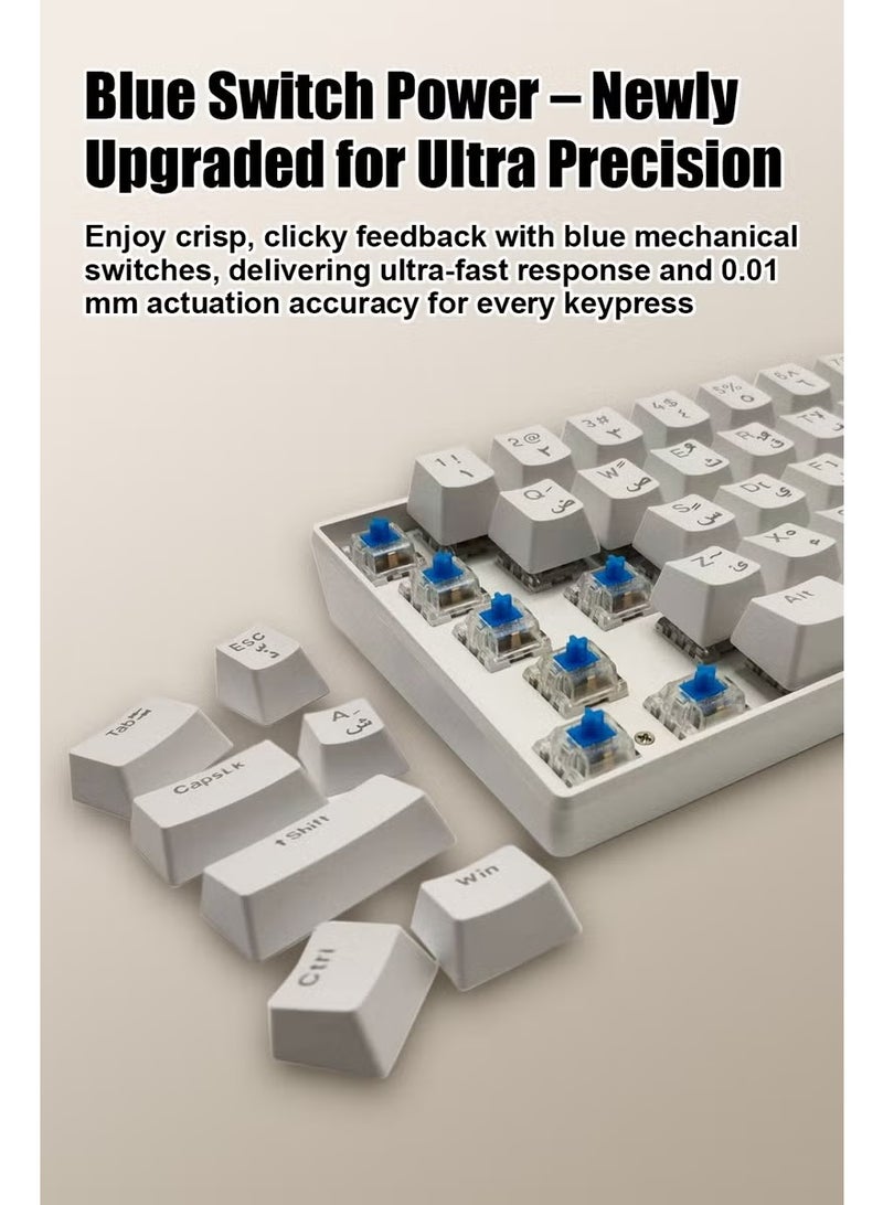 م.ا & ف'س لوحة مفاتيح ميكانيكية للألعاب، 61 مفتاحًا باللغتين العربية والإنجليزية، مفاتيح زرقاء قابلة للتبديل السريع، معدل استطلاع 1000 هرتز واستجابة أقل من 1 مللي ثانية، إضاءة خلفية RGB، مريحة لنظامي التشغيل Windows وMac (أبيض) - Image 3