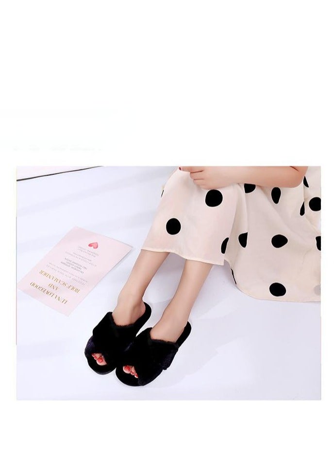 General Black cross plush slippers autumn and winter new indoor warm cotton slippers thickened leaky toe wool slippers  - Image 2