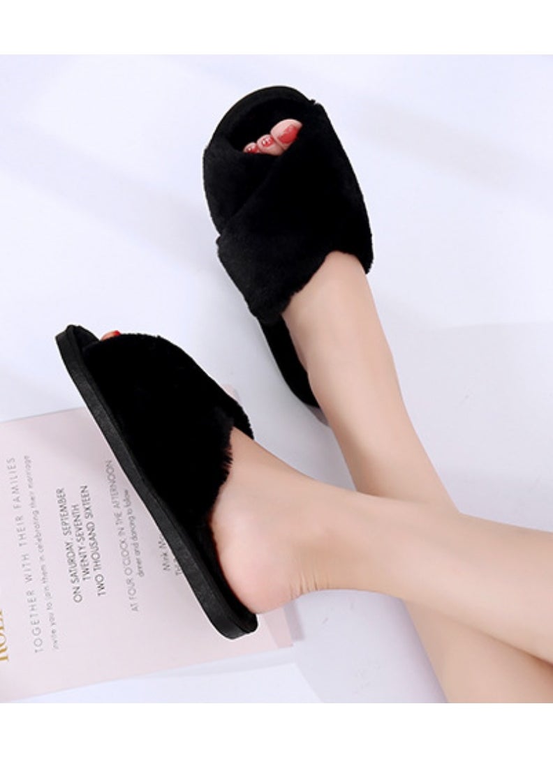 General Black cross plush slippers autumn and winter new indoor warm cotton slippers thickened leaky toe wool slippers  - Image 5
