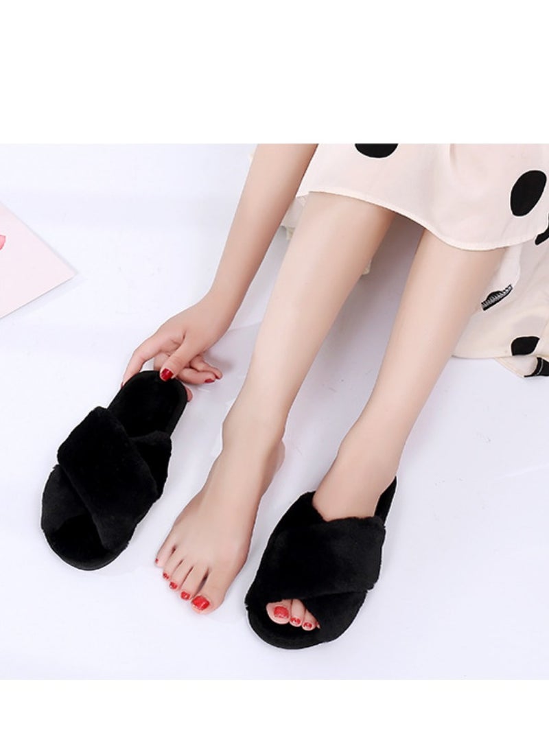 General Black cross plush slippers autumn and winter new indoor warm cotton slippers thickened leaky toe wool slippers  - Image 4