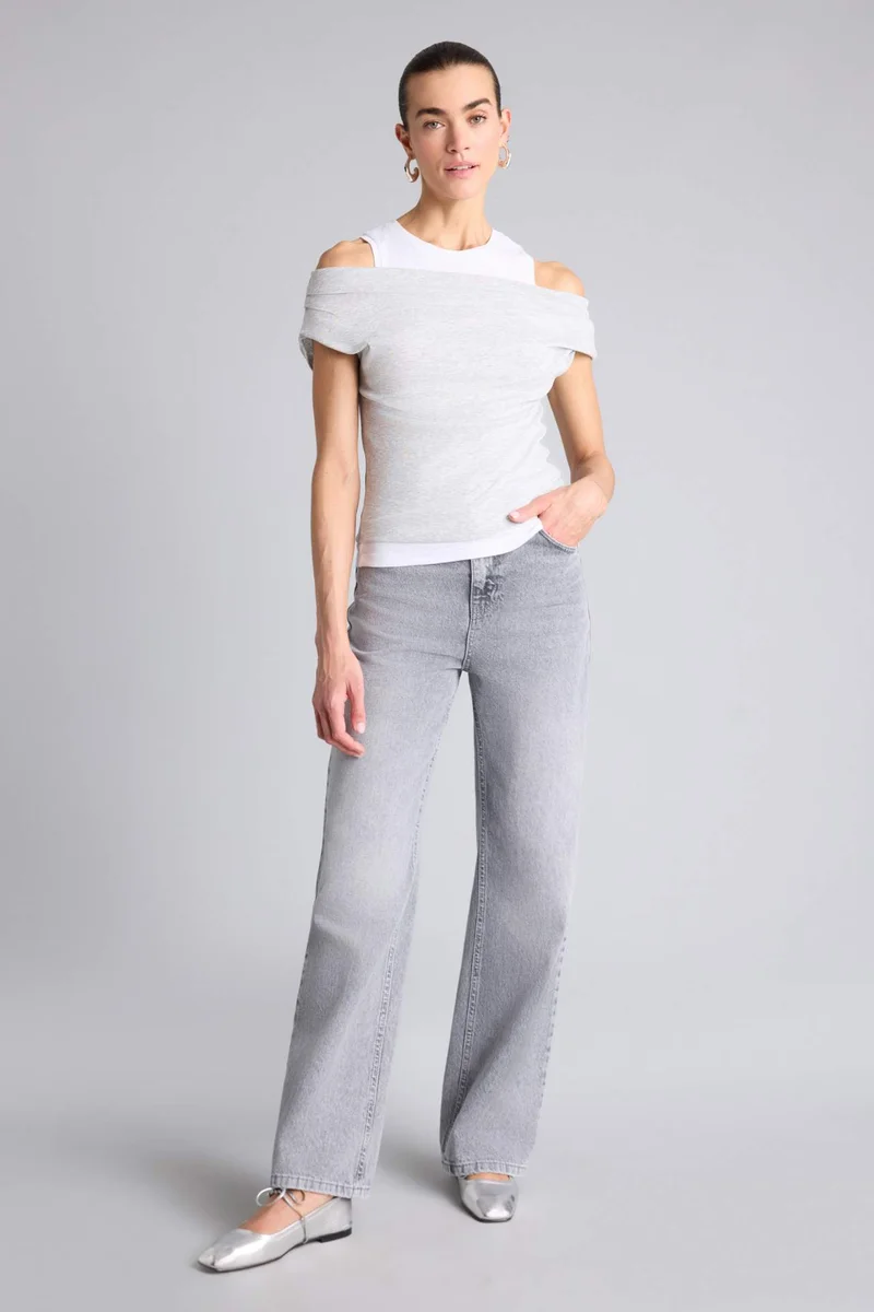 ديفاكتو Slim Fit One Shoulder Ribana Short Sleeve T-Shirt