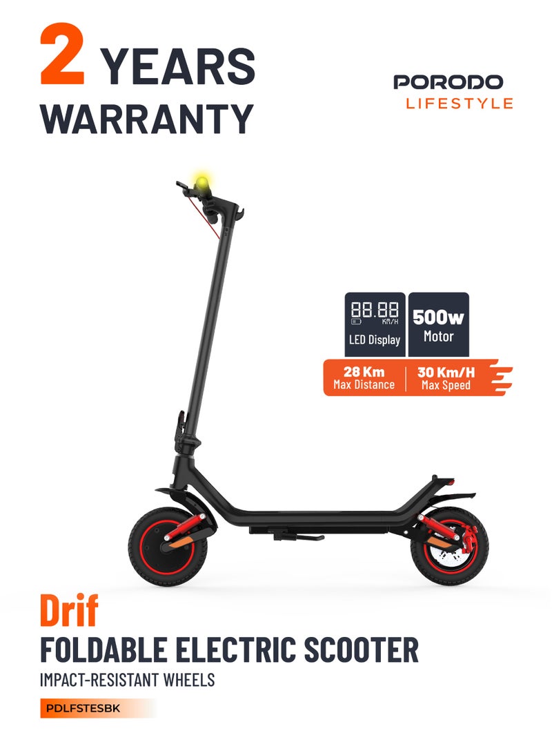 porodo Lifestyle DRIF Foldable Electric Scooter with Impact-Resistant Wheels / 500W Motor / IPX5 Waterproof / 30 Km/h Max Speed / 120 KG Max Load / 28 Km Max Distance - Black - Image 1