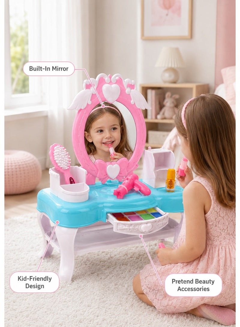 DAT Dream Dresser Pretend Play Vanity Table Set for Girls – Mirror, Hair Dryer, Eyeshadow Palette & Beauty Accessories Playset - Image 2