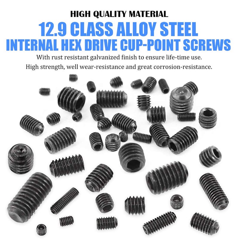 Glarks 450Pcs M3/M4/M5/M6/M8 Allen Head Socket Set Screw, 12.9 Class Black Alloy Steel Internal Hex Drive Grub Screw Assortment Kit - Image 3
