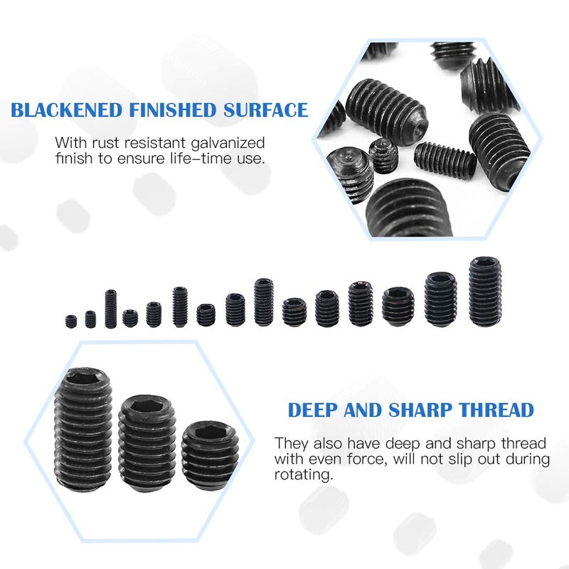 Glarks 450Pcs M3/M4/M5/M6/M8 Allen Head Socket Set Screw, 12.9 Class Black Alloy Steel Internal Hex Drive Grub Screw Assortment Kit - Image 4