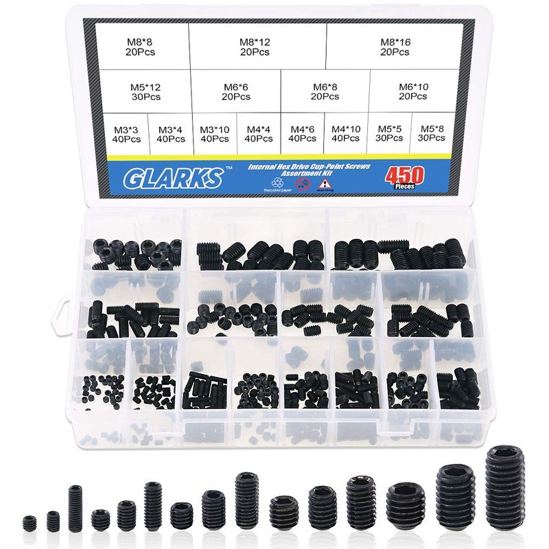 Glarks 450Pcs M3/M4/M5/M6/M8 Allen Head Socket Set Screw, 12.9 Class Black Alloy Steel Internal Hex Drive Grub Screw Assortment Kit - Image 1