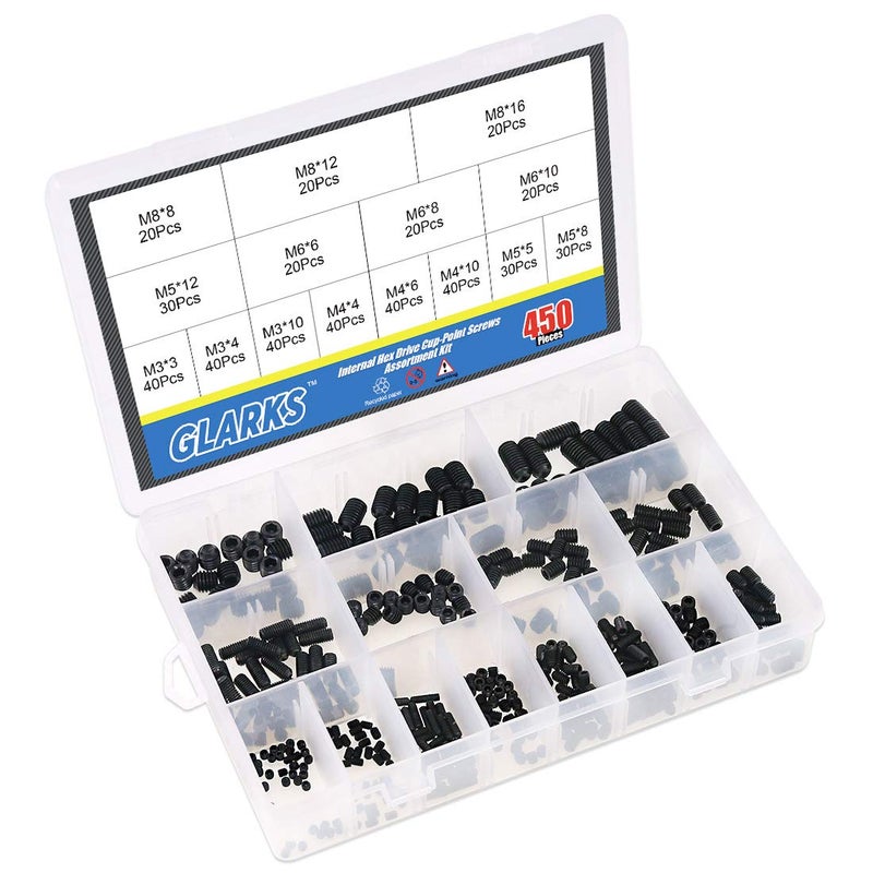Glarks 450Pcs M3/M4/M5/M6/M8 Allen Head Socket Set Screw, 12.9 Class Black Alloy Steel Internal Hex Drive Grub Screw Assortment Kit - Image 5