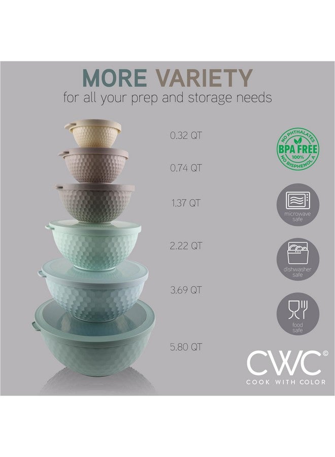 كوك ويذ كولرز أوعية خلط مع أغطية من COOK WITH COLOR - مجموعة من 12 قطعة من أوعية التعشيش البلاستيكية تتضمن 6 أوعية تحضير و6 أغطية، قاعدة غير قابلة للانزلاق وتصميم منقوش - آمنة للاستخدام في الميكروويف (لون النعناع) - Image 2