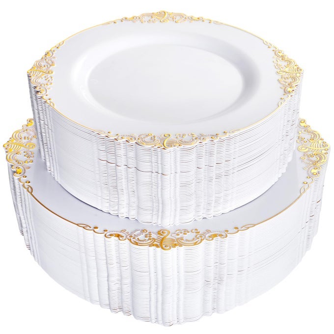 102PCS WHITE AND GOLD PLASTIC PLATES GOLD DISPOSABLE PLATES INCLUDE 51PCS 75INCH DESSERT PLATES 51PCS 1025INCH DINNER PLATES PERFECT FOR WEDDINGS PARTIES