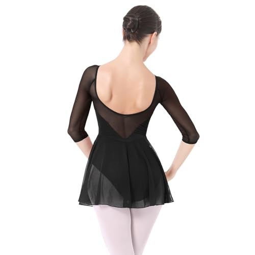 IBAKOM Ballet Leotards Dress for Women 34 Mesh Sleeve V Neck Scoop Back Gymnastics Leotard Plus Size Ballerina Outfits Adult Dance Leotard Competitive Camisole Bodysuit Dance Skirt Black L - Image 1