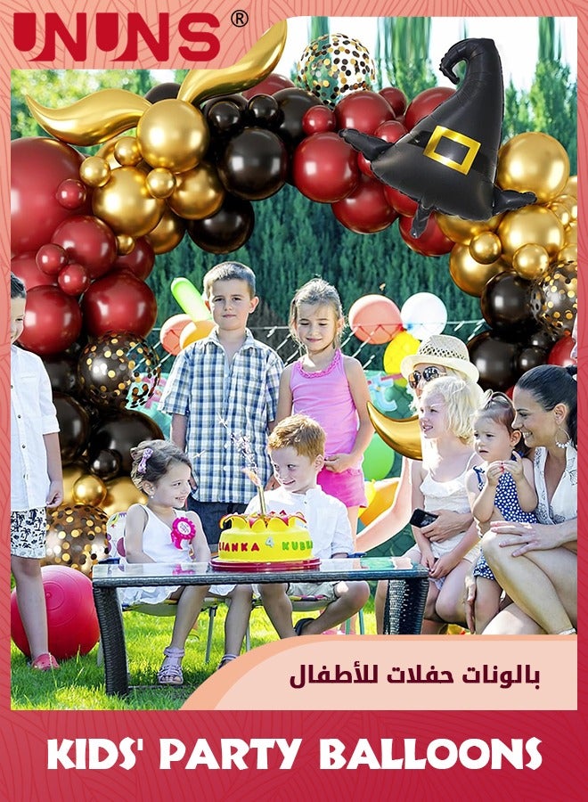 UNUNS بالونات حفلات الأطفال، ديكورات عيد ميلاد هاري بوتر، مجموعة أقواس بالونات مدرسة الساحر السحري، 118 قطعة، قوس بالونات ذهبي أسود عنابي مع قبعة الساحر، ديكورات حفلات بطابع سحري - Image 4