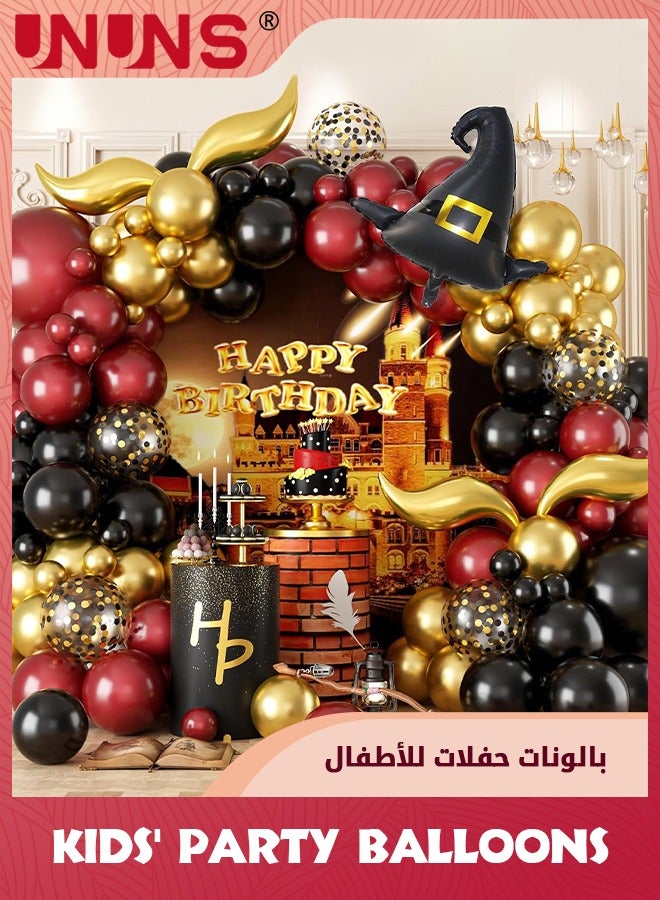 UNUNS بالونات حفلات الأطفال، ديكورات عيد ميلاد هاري بوتر، مجموعة أقواس بالونات مدرسة الساحر السحري، 118 قطعة، قوس بالونات ذهبي أسود عنابي مع قبعة الساحر، ديكورات حفلات بطابع سحري - Image 1