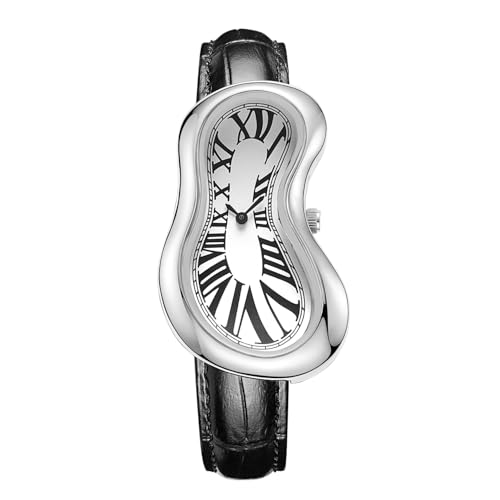 PINTIME Melting Art Stainless Steel Wristwatch – Surreal Watch for Men with Roman Numerals Unique Distorted Dial Design, Business Casual Dress Watch (Silver) - Image 1