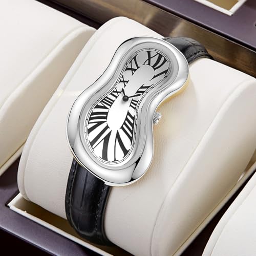 PINTIME Melting Art Stainless Steel Wristwatch – Surreal Watch for Men with Roman Numerals Unique Distorted Dial Design, Business Casual Dress Watch (Silver) - Image 2
