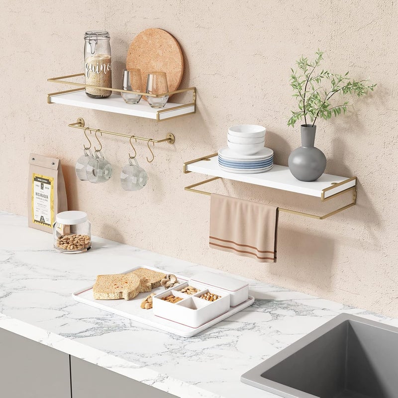 Forbena Floating Bathroom Shelves Wall Mounted, Aesthetic White and Gold Shelves for Bathroom Accessories, Modern Bathroom Organizer with Tower Bar for Wall Decor Storage Small Spaces, Set of 2 - Image 2