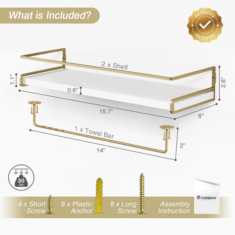 Forbena Floating Bathroom Shelves Wall Mounted, Aesthetic White and Gold Shelves for Bathroom Accessories, Modern Bathroom Organizer with Tower Bar for Wall Decor Storage Small Spaces, Set of 2 - Image 3