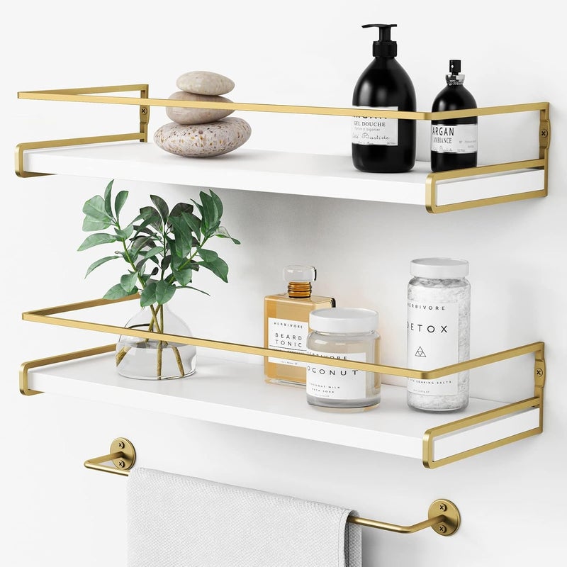 Forbena Floating Bathroom Shelves Wall Mounted, Aesthetic White and Gold Shelves for Bathroom Accessories, Modern Bathroom Organizer with Tower Bar for Wall Decor Storage Small Spaces, Set of 2 - Image 1
