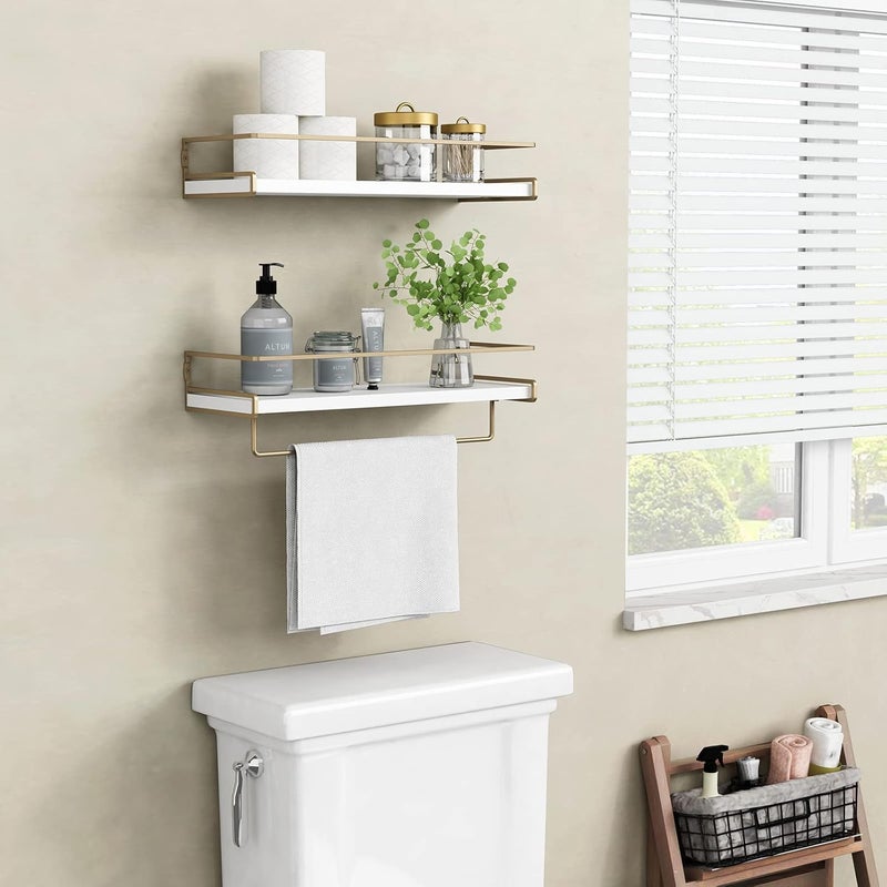 Forbena Floating Bathroom Shelves Wall Mounted, Aesthetic White and Gold Shelves for Bathroom Accessories, Modern Bathroom Organizer with Tower Bar for Wall Decor Storage Small Spaces, Set of 2 - Image 4