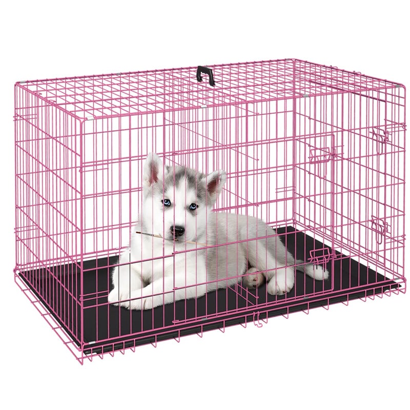 FDW Dog Crate for Small Dogs 24 Inch Folding Metal WirePet Cage Double Door W/Divider Panel Indoor Outdoor Kennel Leak-Proof Plastic Tray,Pink - Image 1