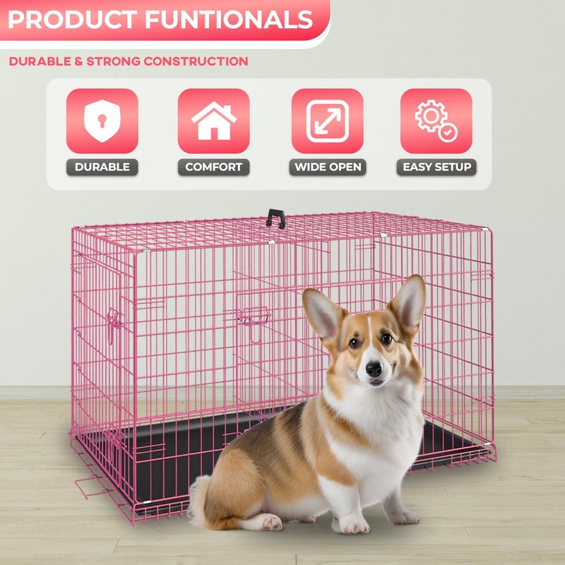 FDW Dog Crate for Small Dogs 24 Inch Folding Metal WirePet Cage Double Door W/Divider Panel Indoor Outdoor Kennel Leak-Proof Plastic Tray,Pink - Image 2
