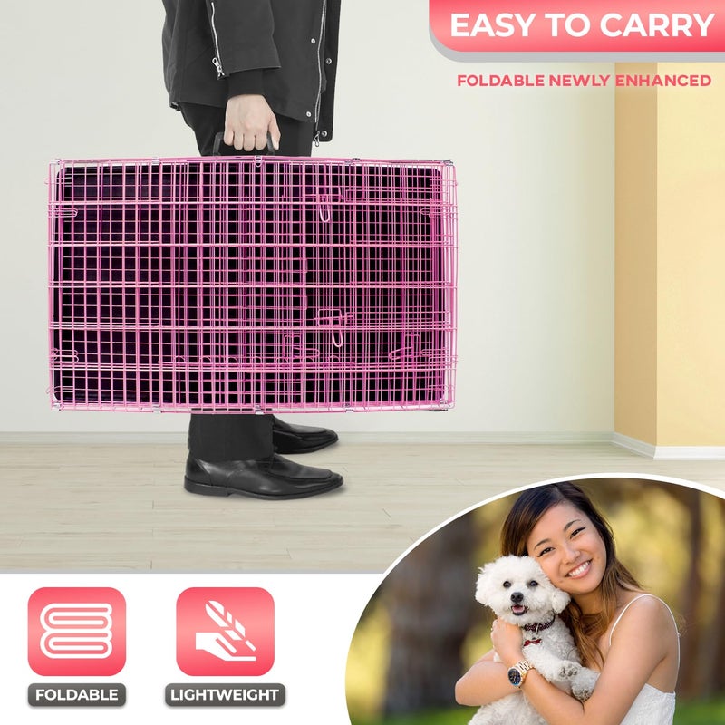 FDW Dog Crate for Small Dogs 24 Inch Folding Metal WirePet Cage Double Door W/Divider Panel Indoor Outdoor Kennel Leak-Proof Plastic Tray,Pink - Image 5