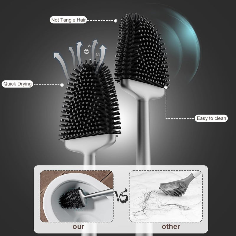 Sellemer Toilet Brush and Holder Set - Flexible Toilet Bowl Brush Head with Silicone Bristles, Compact Size for Storage and Organization, Ventilation Slots Base (1 Pack, Silver) - Image 3