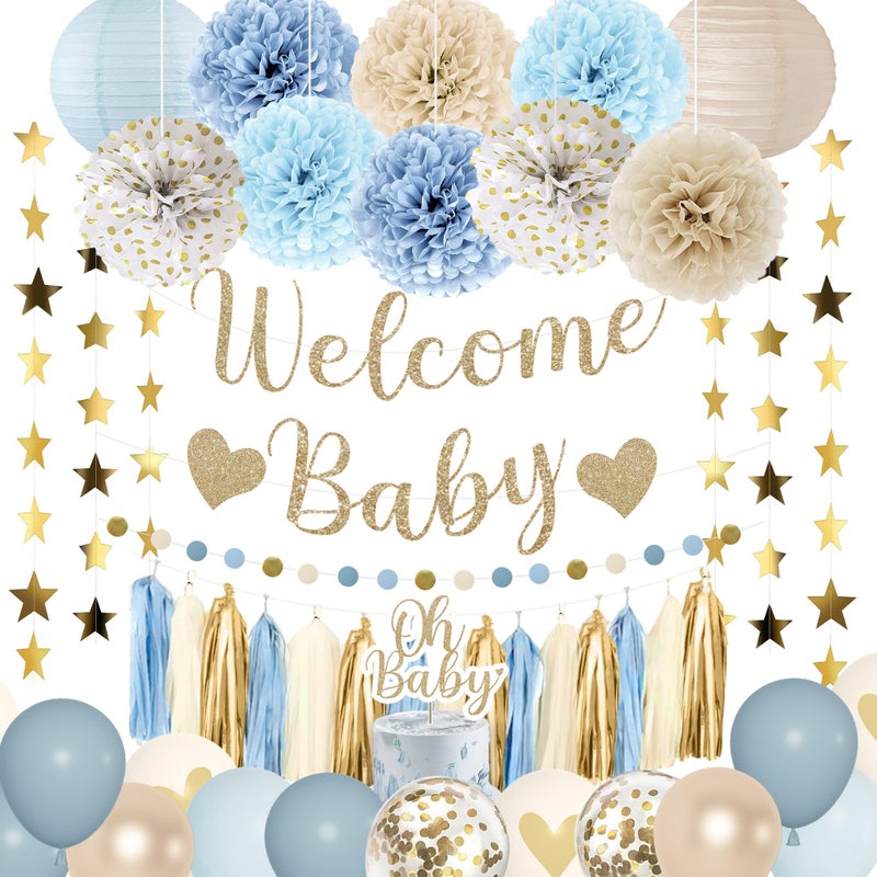 Amandir Dusty Blue Boy Baby Shower Decorations Welcome Baby Banner, Cake Topper, Paper Lantern, Light Blue Balloons, Pom Poms Flowers Tassels, Circle Dots Star Garland, Birthday Party Supplies - Image 1