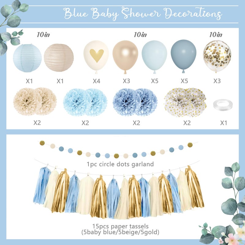 Amandir Dusty Blue Boy Baby Shower Decorations Welcome Baby Banner, Cake Topper, Paper Lantern, Light Blue Balloons, Pom Poms Flowers Tassels, Circle Dots Star Garland, Birthday Party Supplies - Image 2