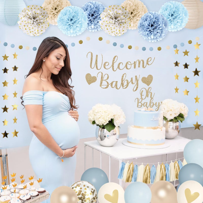 Amandir Dusty Blue Boy Baby Shower Decorations Welcome Baby Banner, Cake Topper, Paper Lantern, Light Blue Balloons, Pom Poms Flowers Tassels, Circle Dots Star Garland, Birthday Party Supplies - Image 5