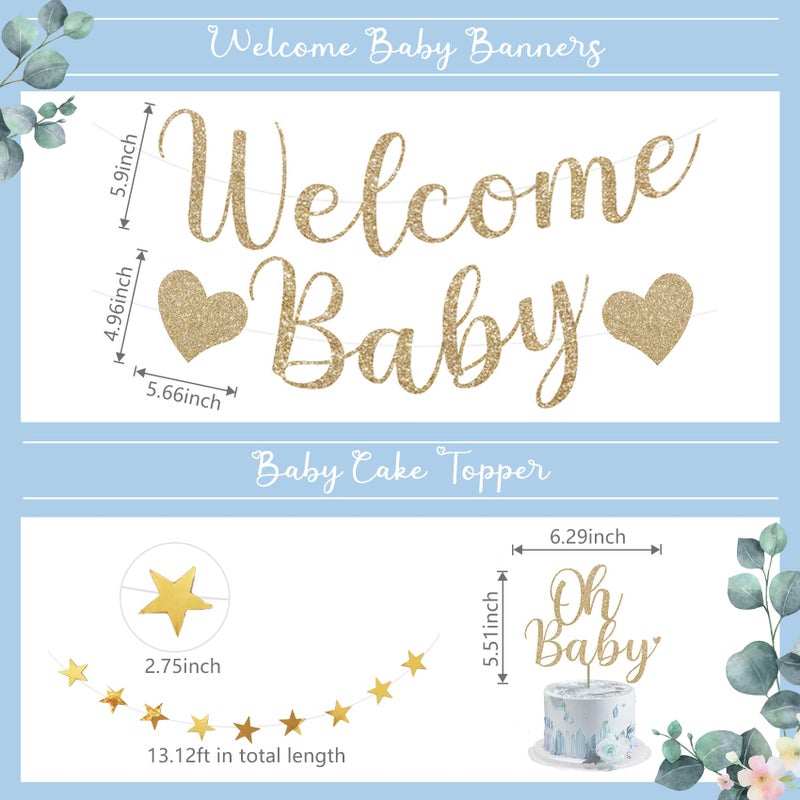 Amandir Dusty Blue Boy Baby Shower Decorations Welcome Baby Banner, Cake Topper, Paper Lantern, Light Blue Balloons, Pom Poms Flowers Tassels, Circle Dots Star Garland, Birthday Party Supplies - Image 3