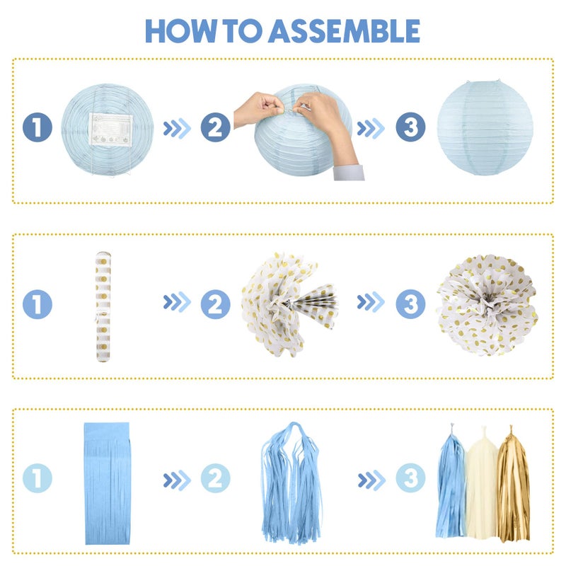 Amandir Dusty Blue Boy Baby Shower Decorations Welcome Baby Banner, Cake Topper, Paper Lantern, Light Blue Balloons, Pom Poms Flowers Tassels, Circle Dots Star Garland, Birthday Party Supplies - Image 4