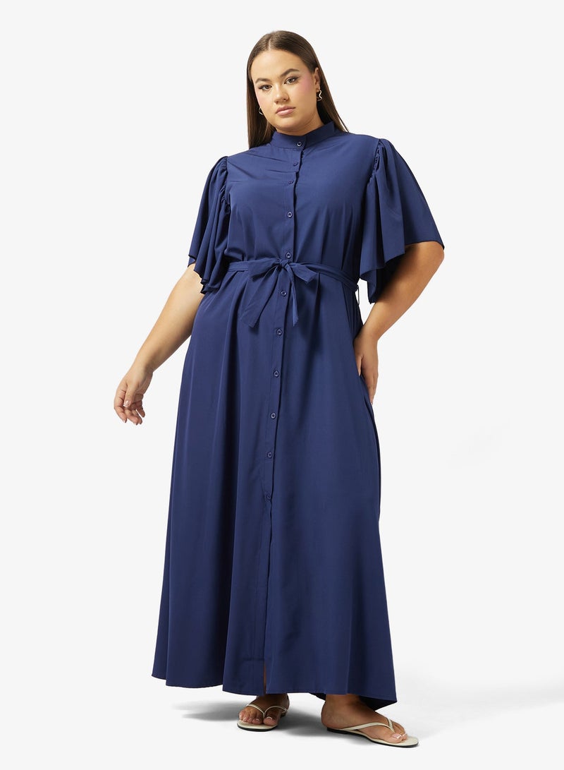 Ginger Plus Flounce Sleeve Button Up A Line Dress - Image 1