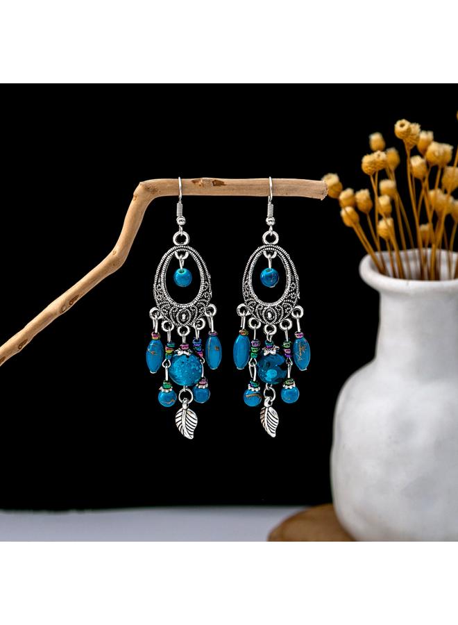 European And American Bohemian Blue Turquoise National Style Earrings Imitation Miao Silver Metal Vintage Tassel