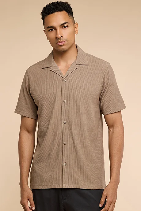 R&b Ribbed Shirt with Revere Collar and Short Sleeves