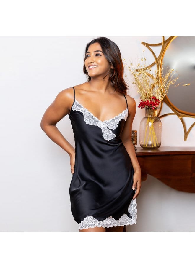 Aadaraya Aadaraya Solid Sateen Chemise with Lace Detail  - Image 1