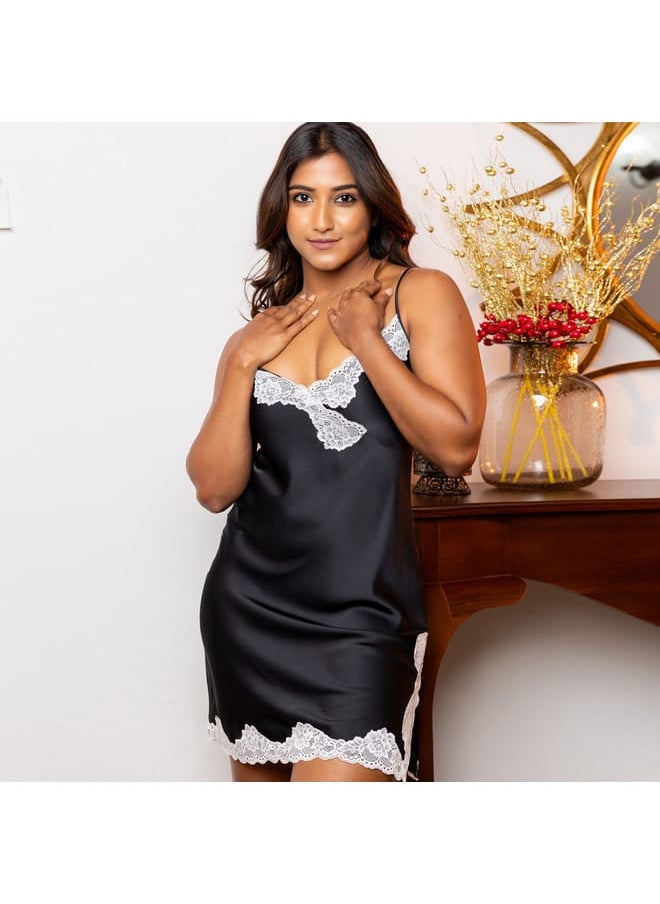 Aadaraya Aadaraya Solid Sateen Chemise with Lace Detail  - Image 4