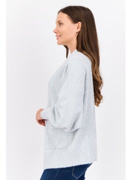 ESPRIT Women Oversized Fit Split Neck Metallic Cardigans, Silver  - Image 2