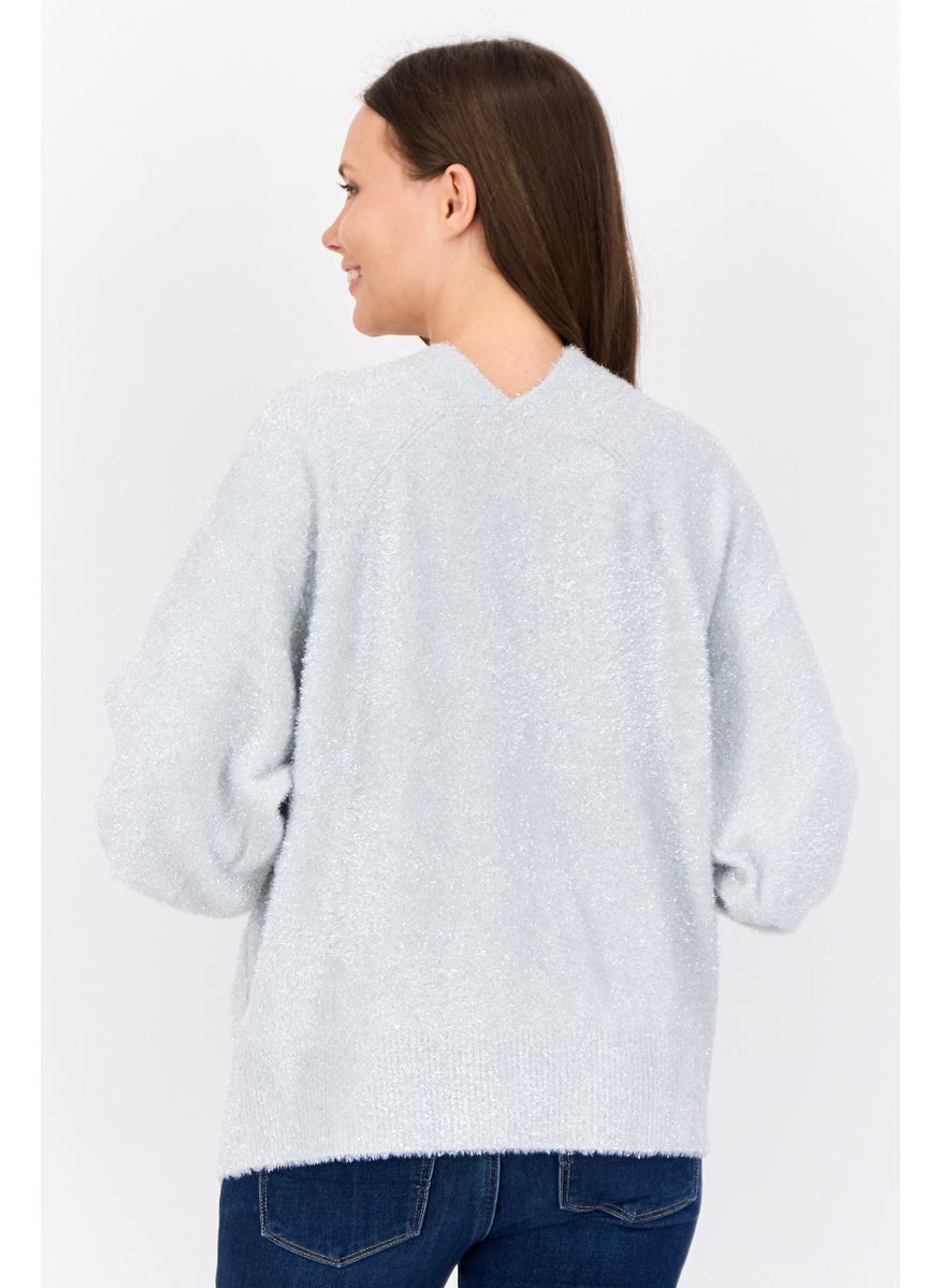 ESPRIT Women Oversized Fit Split Neck Metallic Cardigans, Silver  - Image 3