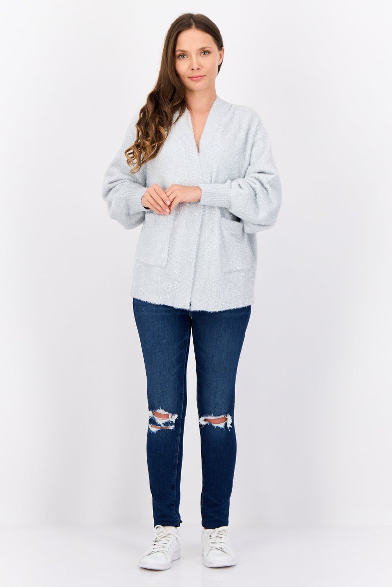 ESPRIT Women Oversized Fit Split Neck Metallic Cardigans, Silver - Image 4