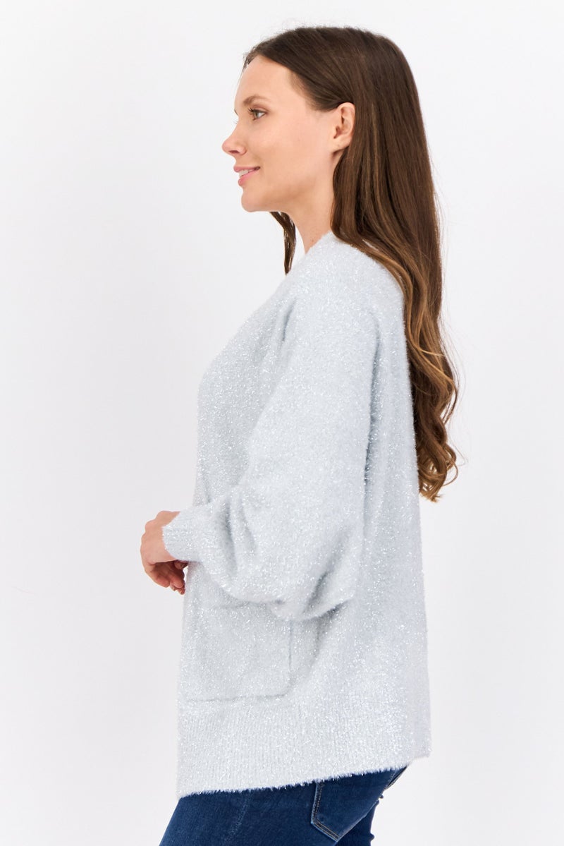 ESPRIT Women Oversized Fit Split Neck Metallic Cardigans, Silver - Image 2