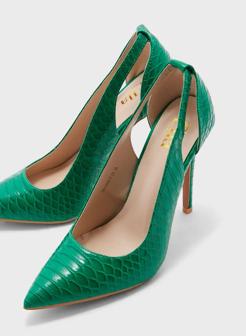 ELLA Croc Effect Cutout Detail Pointed Pump Green
