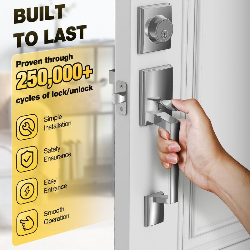 Kolet Front Door Lock Set, Front Door Handle and Deadbolt Set, Single Cyclinder Exterior Door Lock Set, Heavy Duty Zinc Alloy, Reversible for Right & Left Opening, Satin Nickel - Image 3